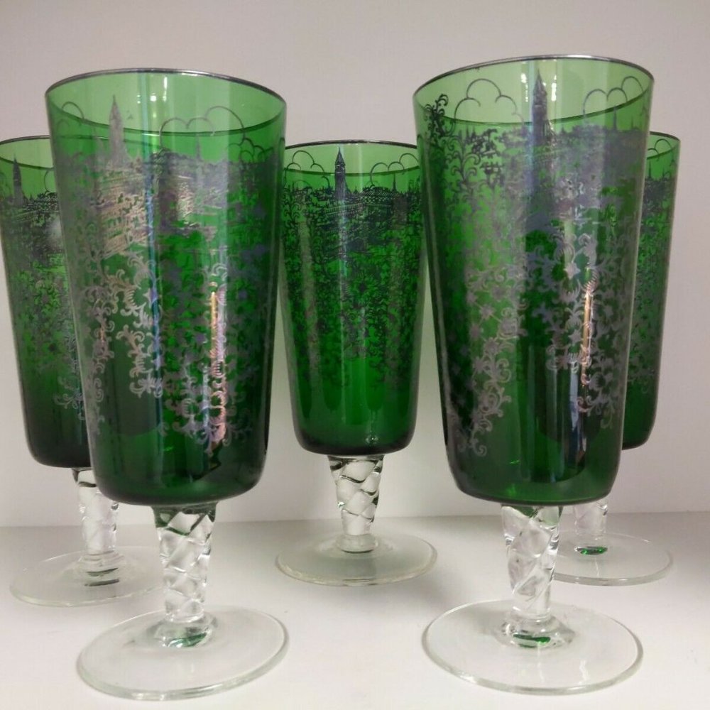 5 Antique Murano Green Glass w/Silver Overlay Swirl Stems  7.5"